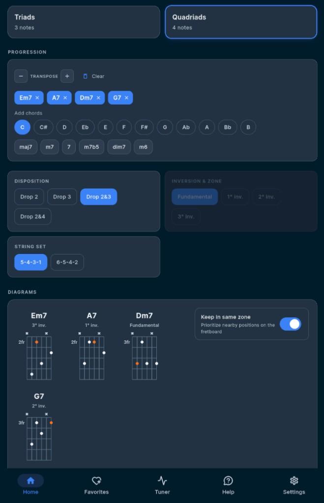 Chord progression editor and voicing controls