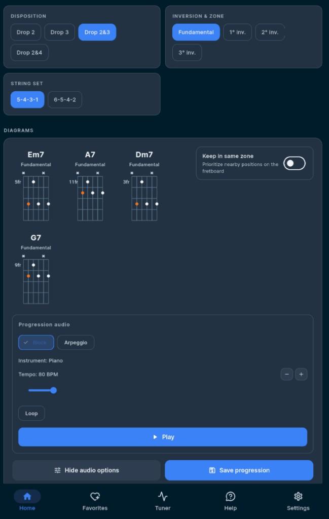 Drop voicings with inversion and zone filters
