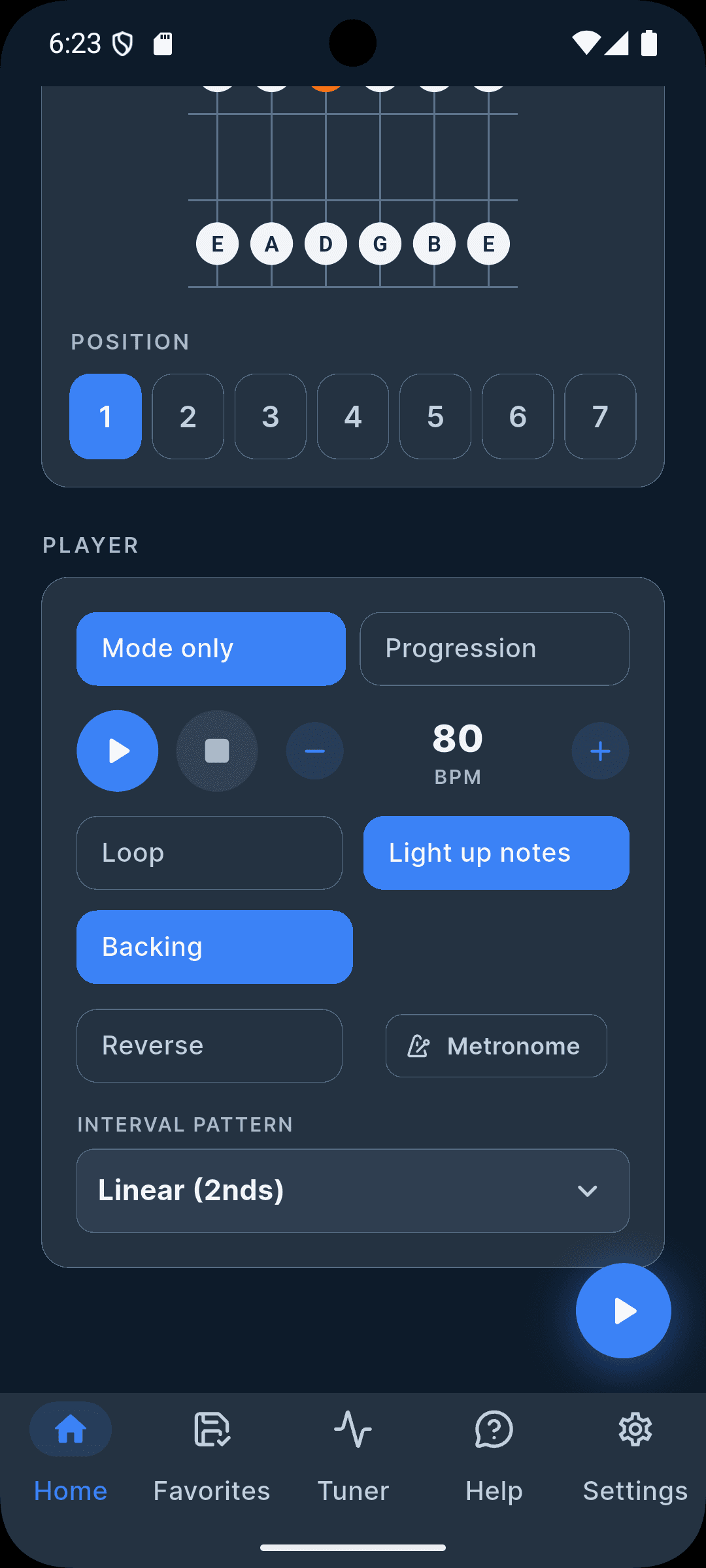 Mode positions and notes on the fretboard