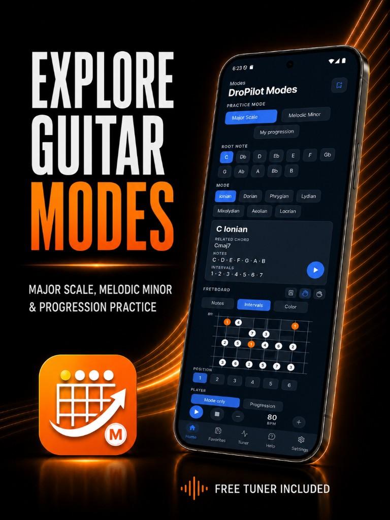 DroPilot Modes: explore guitar modes — major scale, melodic minor and progressions
