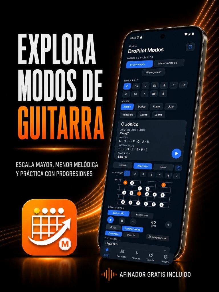 DroPilot Modos: explora modos de guitarra — escala mayor, menor melódica y progresiones